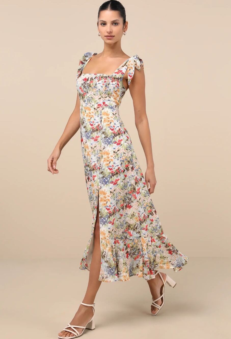 NWT Lulus Summer Invite White Floral Tie Strap Tiered Midi Dress XS